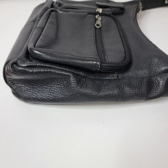 Genuine Leather Black Shoulder Bag | Multi Pocket Crossbody Purse - Picture 13 of 15